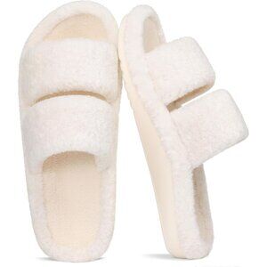 Women's White Fuzzy House Slippers with Moderate Arch Support Open Toe Cozy